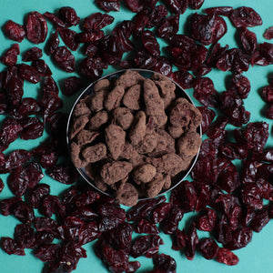Cranberries bañados en chocolate 75% cacao.